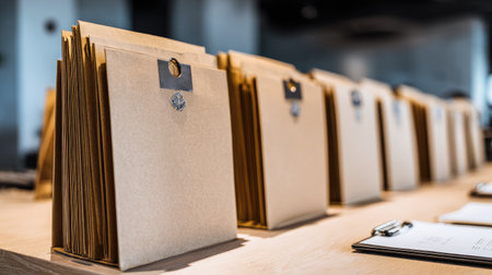 Shared project file folders labeled by role, stage, and due date on a clean tableの素材