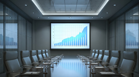 Office conference room with chairs, screen presentation, and financial chartsの素材