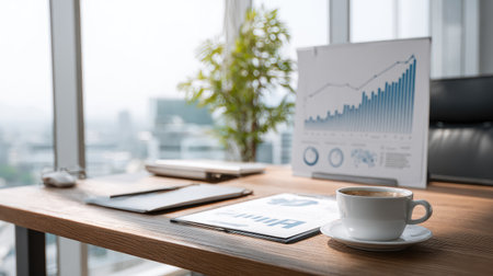 Office desk with strategy report and upward trending analytics screenの素材