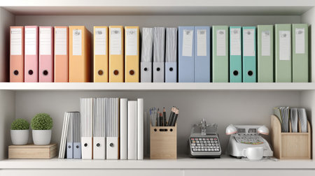 Organized office shelf with labeled files, business reports, and plannersの素材