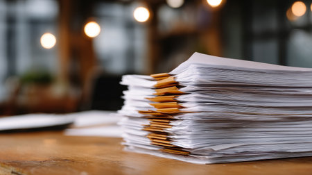 Paperwork and reports neatly stacked on business analyst's deskの素材