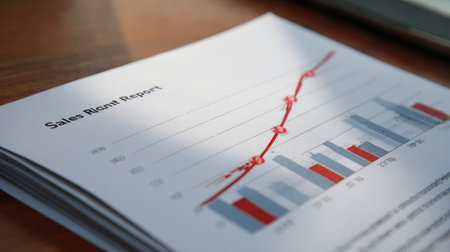 Sales report document showing upward trend line and positive revenue projectionsの素材