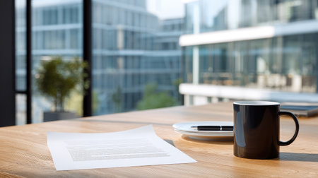 Startup funding proposal and pitch deck on a workspace table with coffee mugの素材