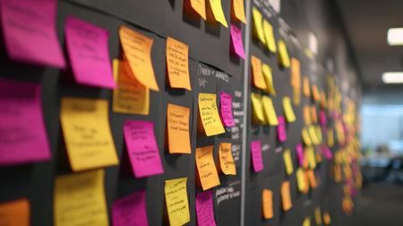 A dynamic display of vibrant sticky notes on a wall in a modern office, illustrating brainstorming sessions, ideas, and planning activities in a collaborative workspace.の素材
