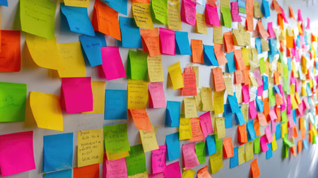 A vibrant collection of colorful sticky notes arranged on a wall, symbolizing creativity, task organization, and collaborative brainstorming in a modern workspace.の素材