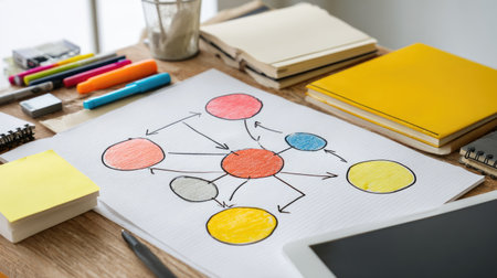 A vibrant workspace showcasing a colorful flowchart on a wooden desk surrounded by stationery items, perfect for brainstorming and project planning.の素材