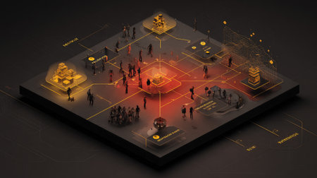 This stunning illustration depicts a futuristic digital network where people engage in interactions, showcasing technology, data exchange, and collaboration in a vibrant, virtual atmosphere.の素材