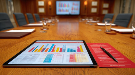 A modern business meeting setting featuring a digital tablet displaying colorful data charts. The sleek conference room enhances productivity and collaboration.の素材