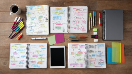 A vibrant and organized study setup featuring notebooks filled with colorful notes, markers, a tablet, and coffee, perfect for boosting creativity.の素材