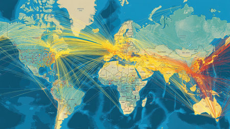 A vibrant world map showcasing colorful flight paths that illustrate international travel and connectivity between major continents and cities.の素材