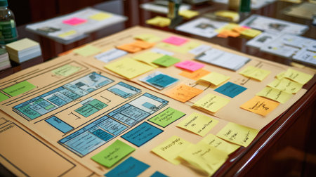 A vibrant workspace during a brainstorming session, featuring colorful sticky notes and design mockups on a wooden table. Ideal for creative processes.の素材