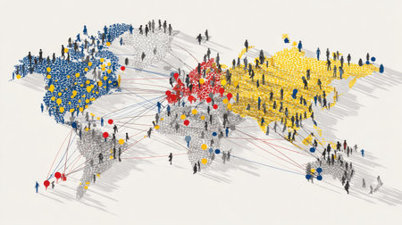 A striking illustration depicting global connectivity through social interaction patterns, showcasing diverse populations and their interconnectedness across continents.の素材