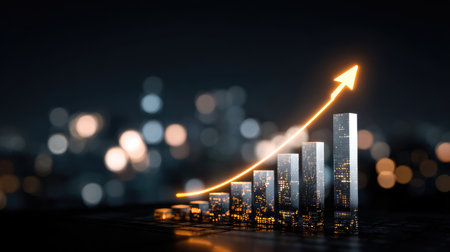 A captivating representation of financial growth with a glowing arrow on an urban skyline at night, symbolizing success and progress in business.の素材