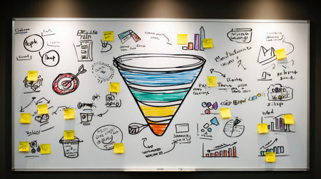 Engaging illustration on a whiteboard featuring a colorful funnel design surrounded by sticky notes, highlighting various business concepts and strategies for effective brainstorming.の素材