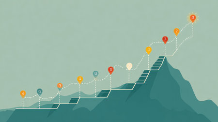 This illustration depicts an inspirational growth journey, featuring a winding path with steps leading up a mountain. The soft color palette enhances the visual appeal, symbolizing progress and achievement.の素材