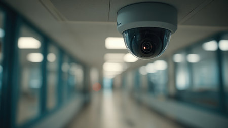 Compact K resolution security camera mounted inside modern hallway ceilingの素材