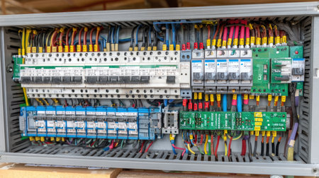 Alarm panel backplate mounted with wires exposed, waiting for unit attachmentの素材
