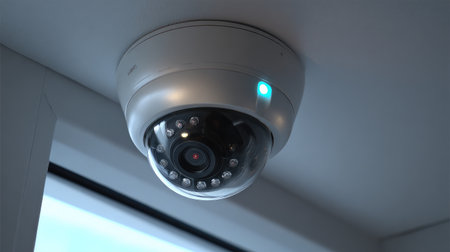 Indoor dome camera installed on ceiling corner with LED status lightの素材