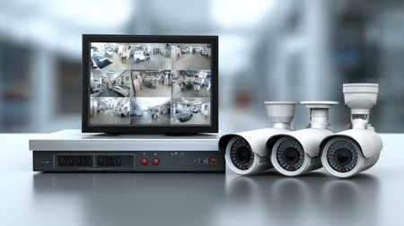 Security DVR system with multiple surveillance camera feeds on screen and control unitの素材