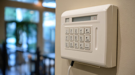 Completed installation of alarm keypad on wall with cable neatly concealed behindの素材