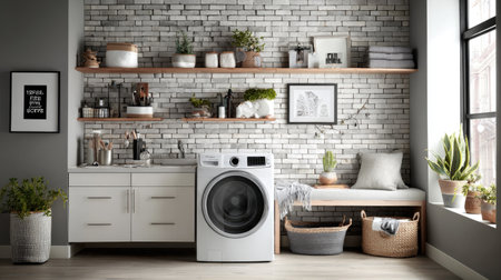 Laundry room with modern washer and dryer, floating shelves, and minimalist organizationの素材