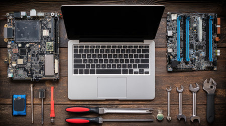 Flat lay of computer repair tools beside an open laptop showing motherboard and batteryの素材