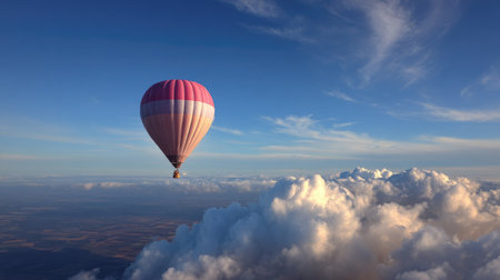 Balloon mid-flight in a bright sky with thin clouds and vast space representing air travelの素材