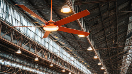 Ventilation and cooling system installed in a warehouse ceiling with large industrial fansの素材