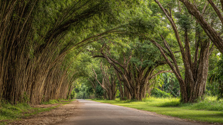 A path through a tunnel of tall green bamboo trees, forming a peaceful natural walkwayの素材