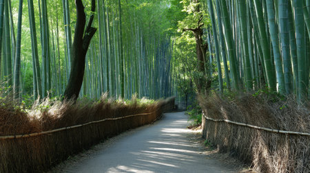 Bamboo forest trail lined with tall green stalks and dappled sunlight aboveの素材