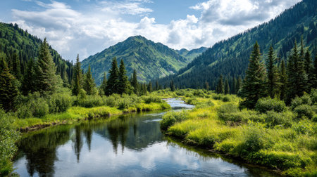 Crystal-clear river winding through a lush forest, reflecting the surrounding greenery and skyの素材