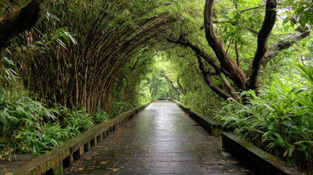 A path through a tunnel of tall green bamboo trees, forming a peaceful natural walkwayの素材