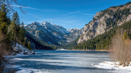 Frozen lake surrounded by snowy trees and mountains under a clear winter skyの素材
