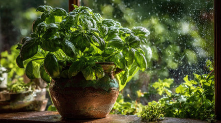 Fresh basil growing in a clay pot on a sunny windowsill with green foliage in the backgroundの素材