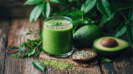 Green smoothie in a glass surrounded by raw plant ingredients on a wooden tableの素材