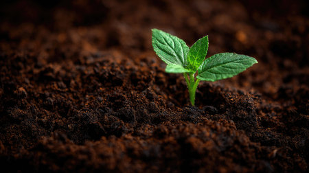 Environmental sustainability concept with a small green plant sprouting from rich soilの素材