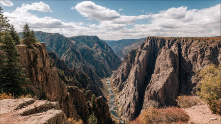 Rocky canyon with steep cliffs, a winding river below, and layered natural texturesの素材