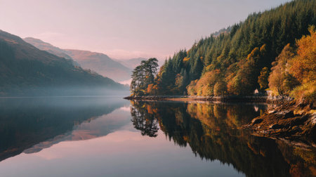 Peaceful sunrise over calm lake with mirrored reflections of trees and hills in soft lightの素材