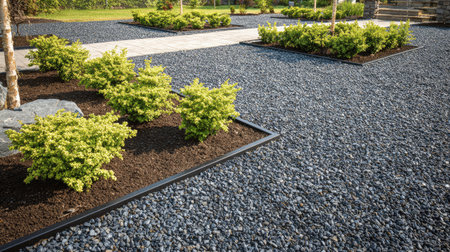 Minimalist backyard landscape with clean lines, structured plants, and gravel zones for contrastの素材