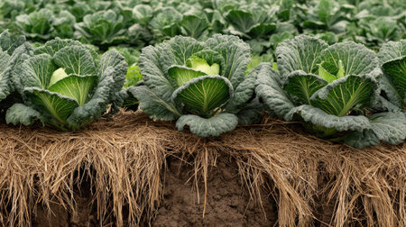 Straw mulch covering vegetable beds with cabbage and kale plants growing healthilyの素材