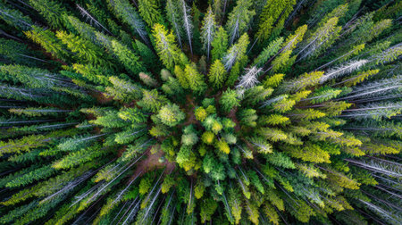 Overhead view of dense green forest with trees forming a natural textured patternの素材