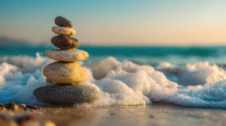 Stack of balanced stones on a beach with ocean waves and soft sky in the background, symbolizing zenの素材