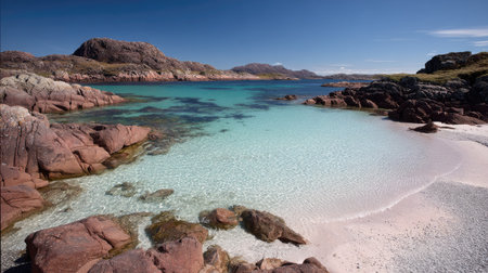 Peaceful coastal scene with sandy beach, clear water, and distant rocky cliffsの素材