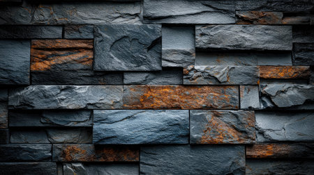 Stone wall made of stacked slate with contrasting colors and visible mineral patternsの素材