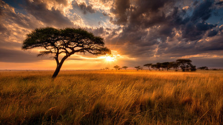 Sunset over a vast savanna with golden grasslands and a silhouette of an acacia treeの素材