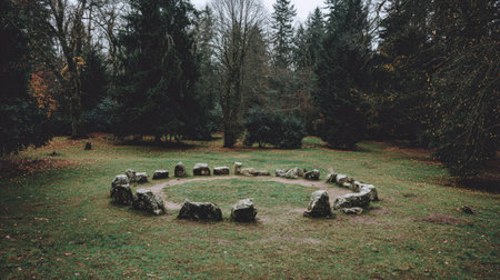 Stone circle arrangement in a grassy clearing with mystical and ancient appearanceの素材