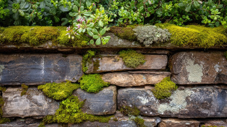 Weathered stone wall with moss and lichen growing between the cracks in a rustic outdoor settingの素材