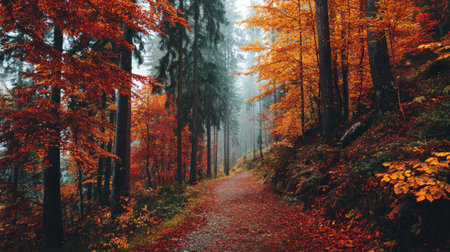 Vibrant autumn forest with orange, red, and yellow leaves covering the ground and branchesの素材