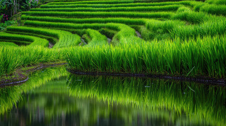 Verdant rice paddy field with neat rows of green stalks reflecting in calm waterの素材