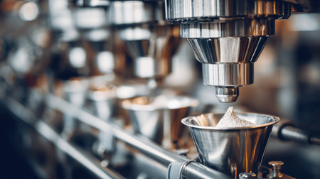 Auger filling machine dispensing powdered ingredients into containers on food lineの素材